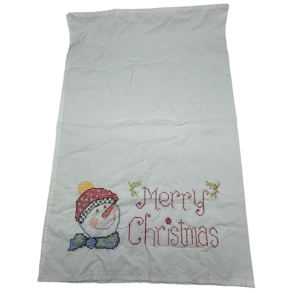 vintage handmade Christmas large pillow case snowman cross stich Merry READ